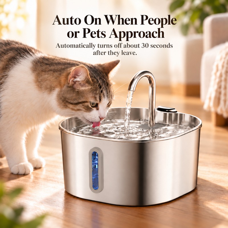 2.2L Smart Motion Sensor Cat Water Fountain – Stainless Steel