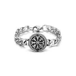 PESOENTH Mens Silver Bracelet for Men,Viking Rune Compass Vegvisir Stainless Steel Silver Chain Bracelet Men's Jewelry Viking Gifts for Men