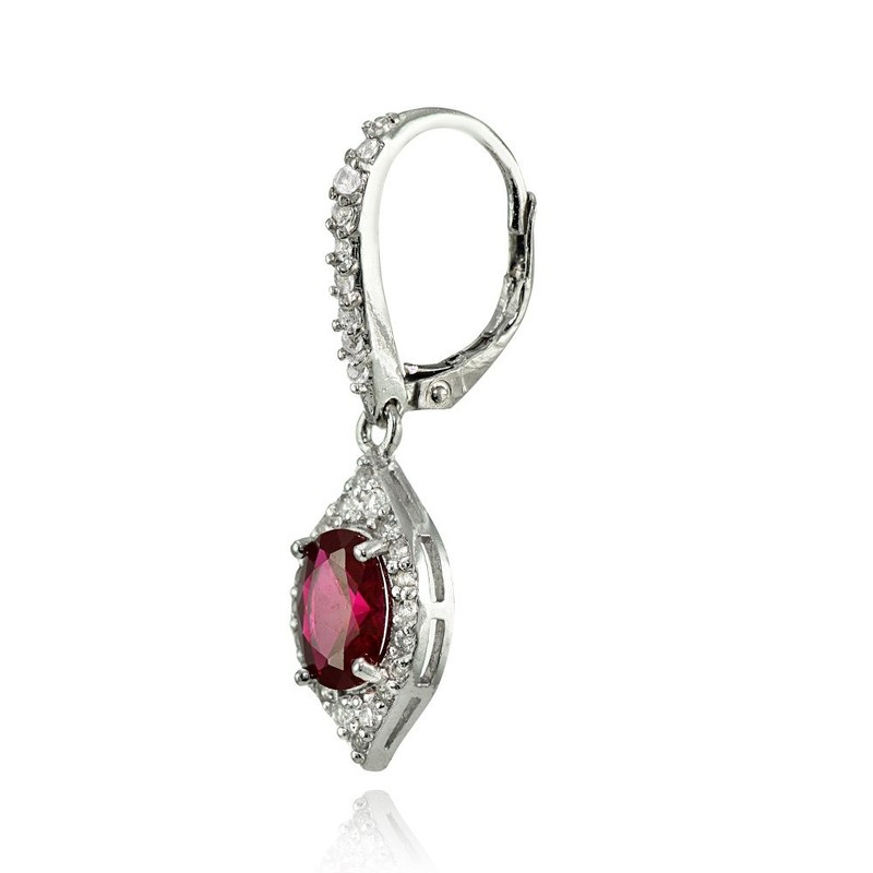 Sterling Silver Created Ruby & White Topaz Oval Dangle Earrings