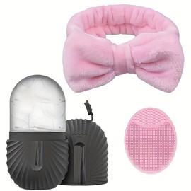 Juego de 3 Piezas Facial Enfriamiento Hielo Rodillo Facial Enfriamiento Hielo Rejilla, Cepillo de Silicona para Limpiar la Cara, Diadema para el Cabello (black)