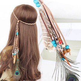 Zoestar Boho Feather Headband Vintage Hippie Headpiece Indian Beaded Head Chain Festival Hair Jewelry for Women and Girls