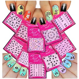 Adorable Nail Art 3D Stickers Decals with Rhinestones Variety Pack of 10 - Hearts Flowers Stars Fish Butterflies/FLIII /