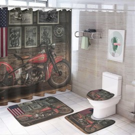 FBMLBRB Vintage Antique Motorcycle 4 Pcs Waterproof Shower Curtain Set,Rustic Western Farm Wood Boards Old Motorcycle American Flag with Waterproof Toilet Cover Shower Mat Rugs