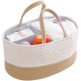 Caddy para pañales de bebé, organizador de pañales, elegante cesta de almacenamiento de cuerda de algodón bohemio para nursery, organizador portátil de carro con inserciones extraíbles, cesta