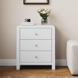RoyalCraft 3 Drawer Dresser, Modern Chest of Drawers with Rounded Table Corners, Wooden Closet Dresser Nightstand Side Table with Ample Storage Space for Bedroom, Living Room, Entryway, White