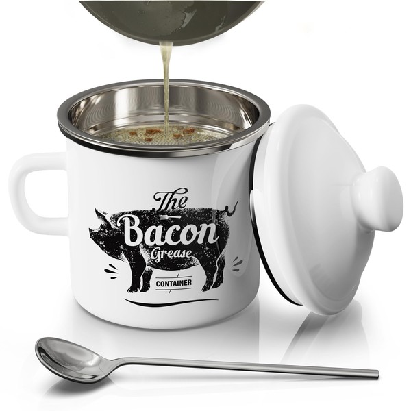 PGYARD Mini Bacon Grease Container With Strainer - 15OZ Enamel Grease Saver, Farmhouse Bacon Grease Keeper For Kitchen Fat Storage, Dishwasher Safe-White