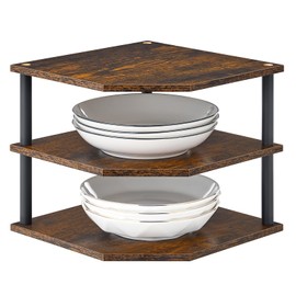 Huukhuom Wooden 3-Tier Corner Shelf, Kitchen Countertop Organizer Counter Stand Storage for Desktop Living Room Bedroom Bathroom Small Space