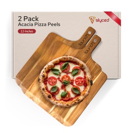 Slyced Set of 2 Acacia Pizza Peels 12 Inch | Real Wood Pizza Peels | Pizza Paddles Compatible With Ooni, Gozney and Solo Stove Pi Pizza Ovens | Wooden Pizza Cutting Board with Handle