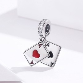 Qings Spielkarte Anhänger Charm für Damen, 925 Sterling Silber Poker Ace of Hearts Pik Glücklich Anhänger für Europäische Charm-Armbänder und Halsketten