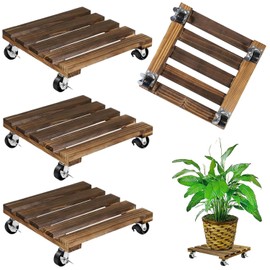 4 Pack Wooden Plant Stand With Wheels, 12" Rolling Planter Base Plant Stand, With Metal Lockable Caster Wheels, For Indoor Outdoor Plant Pots