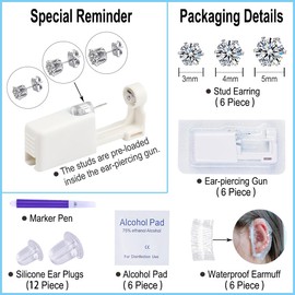 VitaCool Ear Piercing Kit Disposable Ear Cartilage Piercing Gun Kit with Sterile Multi-sized CZ Studs Easy and Safe Earring Self Piercing Kit for Yourself Use at Home (Style B-CZ-3/4/5mm-)
