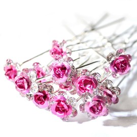 10x Bridal Wedding Prom Silver Crystal Diamante Rose Flower Hair Pins Clips Grips (Light Pink)