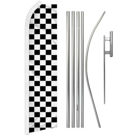 Trade Winds Black & White Checkered Super Swooper Flag & Flag Pole Kit & Ground Spike, 11.5' x 2.5'