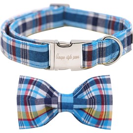Dog Collars with Bowtie Durable Soft Comfortable Bluegrid Pattern Premium Cotton Collars Metal Buckle Thick Colar for Small Medium and Large Boy Dogs Accessories S
