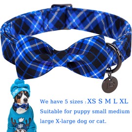 UP URARA PUP Dog Collar with Bow Tie, Cotton Dog Bowtie Collar for X-Large Girl Boy Dog, Holiday Blue Dog Collar with Durable Metal Buckle, Cute Plaid Pet Collar, XL, Neck 16-26in.