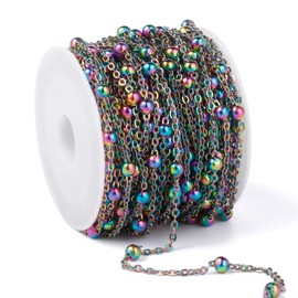 33 Feet Multicolor Satellite Bead Chains Roll, 2mm 304 Stainless Steel Rainbow Ball Beaded Cable Link Chains Spool Bulk for Jewelry Making DIY Craft
