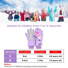 flintronic Children's Ski Gloves, Winter Ski Gloves for 6-9 Years Girls, Waterproof and Windproof Fleece Gloves with Adjustable Cuffs, for Snowboarding, Climbing, Skiing, Cycling