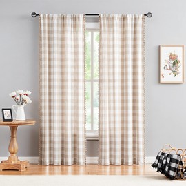 Treatmentex Buffalo Check Curtains 84inch Farmhouse Pom Pom Drapes for Living Room Vintage Gingham Plaid Semi Sheer Tan Window Curtains for Bedroom Kitchen 2 Panels Rod Pocket Taupe and White