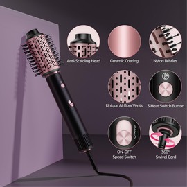 SKIMI Hot Air Styler and Blow Dryer Brush with 110,000 RPM Brushless Motor for Quick Drying, Curling, Volumizing & Straightening (Black & Blush Gold)