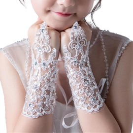 Edenshow Bride Wedding Lace Short Gloves White Fingerless Rhinestone Gloves Bridal Accessories for Women Girls (Flower Lace)