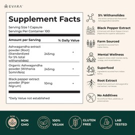 EVARA Ashwagandha Extract with Black Pepper, 5% Withanolides for Maximum Potency – Supports Immune Health, Energy, & Quality of Life | GMP Certified, Gluten-Free Superfood – 500mg, 100 Capsules
