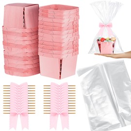 Kigley 24 Set Basket for Gift Empty Small Wooden Gift Baskets with 24 Bags 24 Bows Small Favor Boxes for Easter, Baby Shower Wedding Birthday Party Supplies(Pink,5.51 x 3.94 x 4.06 Inches)