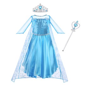 Vicloon Elsa Princess Costume, 3PCS Elsa Costume Dress, Elsa Dress with Fairy Crown Wand for Christening/Party/Pageant/Bridesmaid Princess Kids Dress Ball Gown（2-3 years）