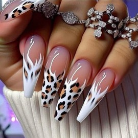 Leopard Print Press on Nails French Stick on Nails Long Coffin Fake Nails Pink White Design Cute Glue on Nails Gloss False Nails Full Cover Acrylic Nails Reusable Artificial Nails for Women Girl 24Pcs