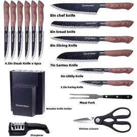 Knife Block Set with Sharpener 16 Pis，Forged Cooking Kitchen Knives Sets Dishwasher Safe，Chef Cutting Knofe Set Stainless Steel Black Blade(black)