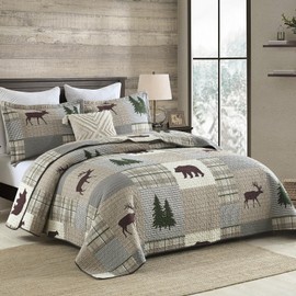 Finlonte Quilt King Size, 100% Cotton King Size Quilt, Lodge Cabin Farmhouse King Quilt, Grayish Brown Green Plaid Lightweight Soft Quilted Bedspread Sets for All Season, 3 Pieces