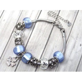 Light Blue Stainless Steel Clover Charm Bracelet for Women with Crystals