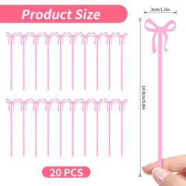 20 Pcs Pink Bow Cocktail Stirrers, 15cm/5.91in Acrylic Drink Stirring Sticks, Perfect for Bow Themed Party Decorations, Wedding, Birthday and Cocktail Parties