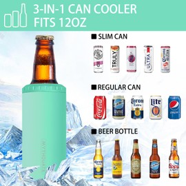 3 in 1 Slim Can Cooler for 12 OZ Skinny Can, Regular Can & Beer Bottle - Keep Cold for 6 Hours - Double Walled Insulated Stainless Steel Vacuum Beverage Can Insulator