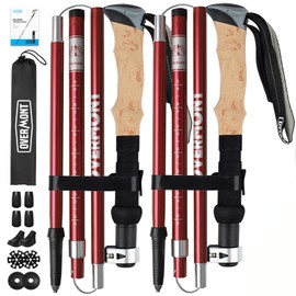 Overmont Hiking Poles Foldable Aluminium Ultralight - Adjustable 105-125 cm Trekking Poles - Nordic Walking Poles 1 Pair with All-Terrain Accessories Red