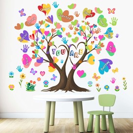 Classroom Inspirational Wall Stickers for Kids: Peel and Stick Hearts Tree Handprint You are Strong Wall Decals - Boys Room Girls Bedroom - Children Supplies Ages 1-12 Years Wall Art Decor