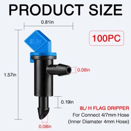 100 Pcs GPH Flag Irrigation Dripper Emitter Garden Irrigation Drip Emitter Irrigation Connect 4mm/7mm Hose for Home Garden Trees Herbs (8L/H Blue)