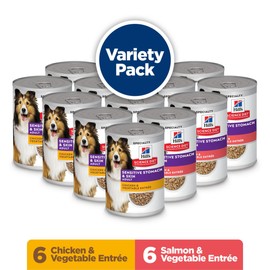 Hill's Science Diet Sensitive Stomach & Skin,Adult 1-6, Stomach & Skin Sensitivity Support,Wet Dog Food,Variety Pack:Chicken & Vegetables; Salmon & Vegetables Loaf,12.8 oz Can Variety Pack, Case of 12