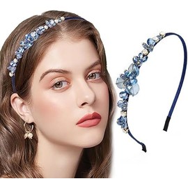 1PCS Crystal Blue Rhinestones Headbands Thin Hairbands for Women Girls Sparkly Diamond Hair Hoops Fashion Jeweled Head Bands (Blue, One size)