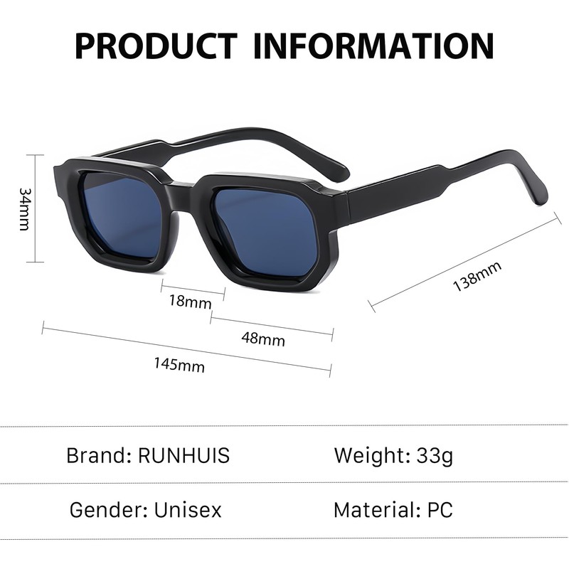 RUNHUIS Vintage Rectangle Sunglasses Women Men Retro Small Square Chunky