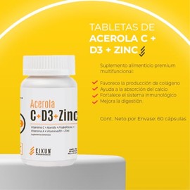 Suplemento Alimenticio | Acerola Vitamina C + D3 + Zinc | Refuerza Defensas| Antioxidante Potente | Huesos Fuertes| Piel Sana | No Medicamento| 60 Tab