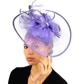 C.C Cocktail Sinamay Fascinator Headband Feather & Flower Design, A Lilac