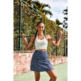 COOrun Womens 18" Long Tennis Skirt High Waist Golf Skirts with Pockets Side Slit Athletic Skorts Summer Navy Waves L