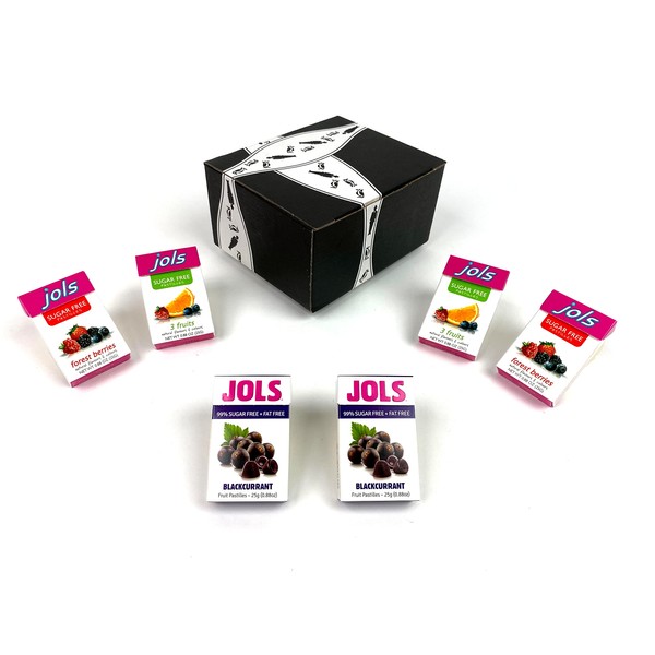 Jols Sugar Free Pastilles 3-Flavor Variety: Two 0.88 oz Packets Each of Blackcurrant, 3 Fruits, and Forest Berries in a BlackTie Box (6 Items Total)