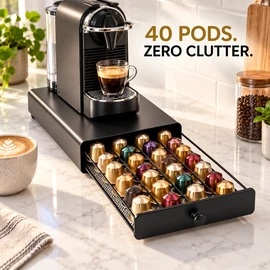 40-Pod Coffee Capsule Storage Drawer for Nespresso OriginalLine, Metal Countertop Organizer with Pull Handle