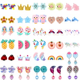 Hicdaw Kids Clip On Earrings, 30Pairs Clip On Earrings For Girls Play Earrings for Party Favor Kids Princess Play Jewelry