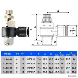 TAILONZ PNEUMATIC 2 Pack SL6-02 Push to Connect Air Line Fitting Air Flow Control Valve 6MM od 1/4 Inch BSP Elbow 90 Degree Air Speed Control Valve Fitting