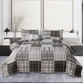 Ycosy King Size Quilt Set Bedding Plaid Patchwork Bedspread Set Soft Lightweight Quilt Bedspread Bedding Black White Grey Plaid Stripe Modern Quilts Patchwork Coverlet Mens Home Quilt for King Bed