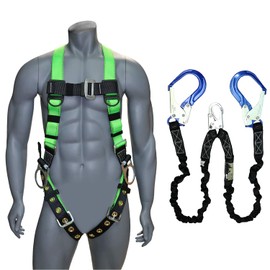 AFP Universal Full-Body Safety Harness with 3 D-Rings, Tongue Buckle Legs High-Viz Green, Shock Absorbing Lanyard Aluminum Pelican Rebar, Steel Snap Hook (OSHA/ANSI) (Double Leg Lanyard w/Rebar Hooks)