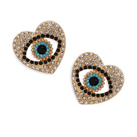 Gold Plated Blue Evil Eye Hollow Crystal Pearl Stud Earrings Turkish Evil Eye Heart Rhinestone Statement Personality Jewelry for Women-white