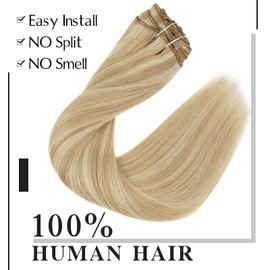 Easyouth Blonde Clip in Extensions Human Hair 14 Inch Clip in Hair Extensions Highlight Color 27 Honey Blonde and 613 Blonde Hair Extensions Human Hair Clip ins Double Weft 70g/7pcs